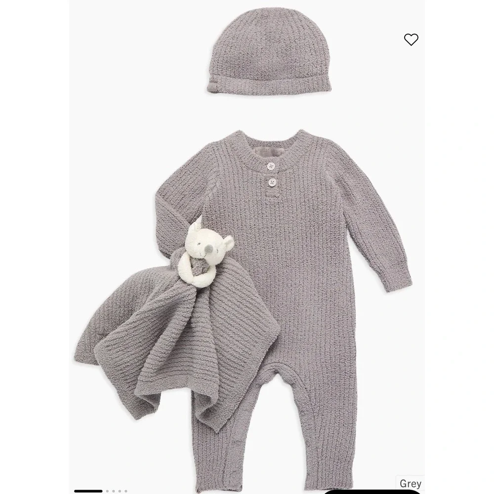 Barefoot Dreams Baby 12-18M CozyChic Jumpsuit Beanie Bear Buddy Set Dove Gray